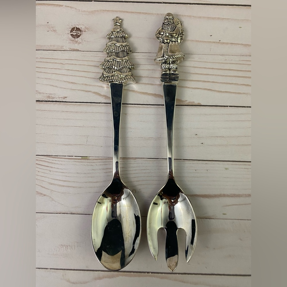Wallace Silverplate Serveware Salad Set Holiday Christmas Tree & Santa